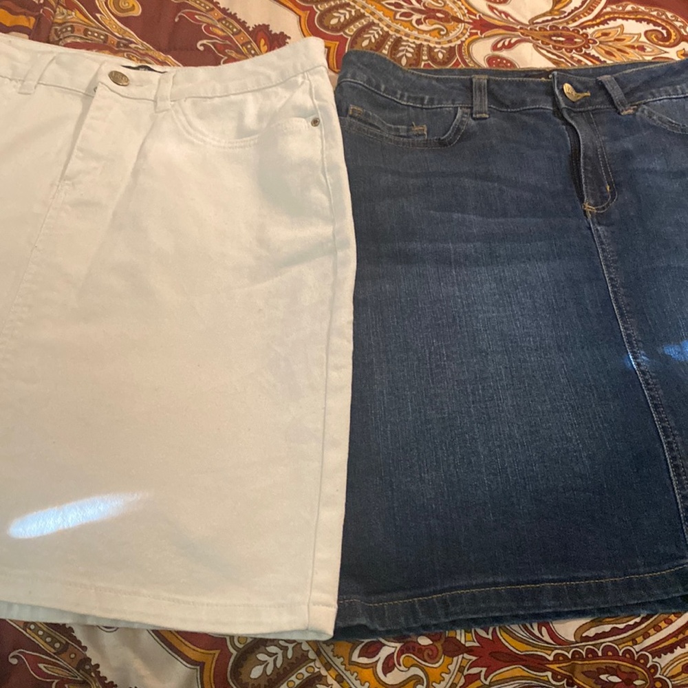 Two (2)Size 8 skirts. One white and other blue Jean